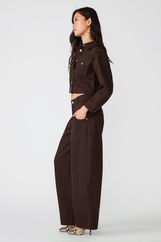 Steve Madden Dove Jacket in Espresso, a cropped dark brown denim jacket with a button front, collar, and chest pockets.