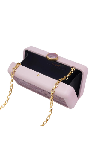 Brackish Le Marais Pink Peacock Clutch with handcrafted feather panel, blush lambskin leather, and removable gold chain strap