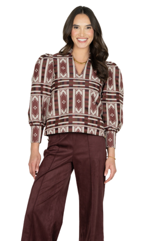 Emily McCarthy Hampton Top in Duomo featuring a geometric brown jacquard print, mandarin collar, and voluminous sleeves.