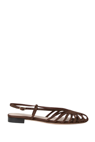 Loeffler Randall Devon Lattice Slingback Sandal in chocolate moiré featuring a latticed strap design and adjustable slingback closure