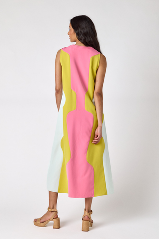 Crosby Schaeffer Dress Garden Colorblock sleeveless midi dress with pink and green colorblocking