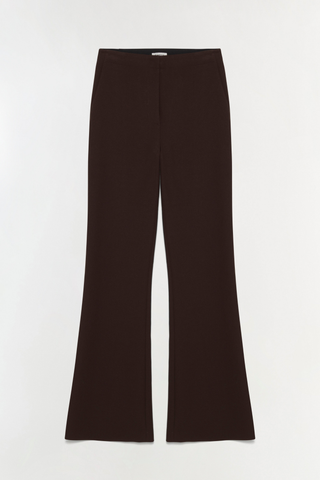 SIMKHAI Kenna Trouser in chocolate brown featuring a high-rise waist, tailored fit, and subtly flared leg.