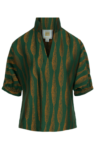 Emily McCarthy Poppy Top in Tuscan Villa, a green and brown printed short sleeve blouse with a stand collar and relaxed fit.