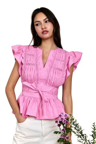 Love the Label Madelyn Top Rosebloom pink cotton poplin blouse with lace detail, flutter sleeves, and tie waist