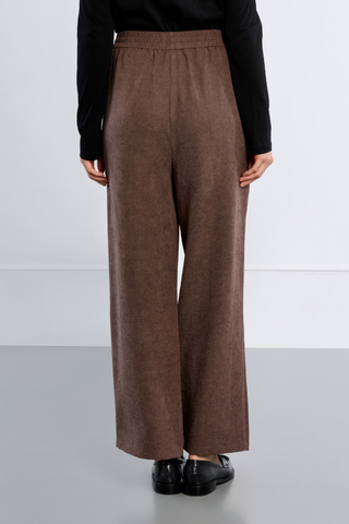 Molly Bracken Woven Pants in chocolate brown with a gathered waist, front pleats, and relaxed wide-leg silhouette.