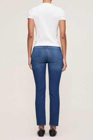 DL1961 Mara Straight Ankle Jean in Santa Monica featuring a mid-rise fit, ankle-length straight leg, and bright mid-indigo wash with subtle fading.