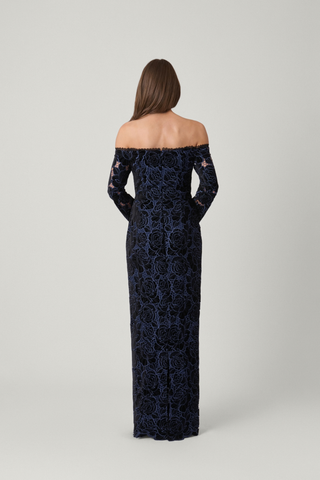 Shoshanna Joelle Dress in Jet/Navy featuring velvet lace, an off-the-shoulder neckline, three-quarter sleeves, and scalloped detailing.
