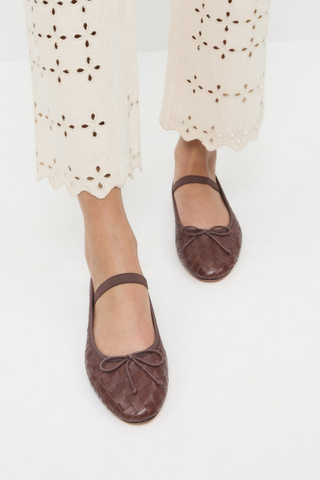 Loeffler Randall Leonie Woven Ballet Flat in espresso brown woven leather with an elastic bridge strap and bow detail.