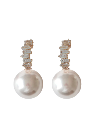Crystal Baguette Pearl Drop Earring, Gold