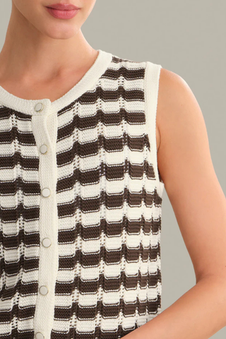 Model wearing the 525 Isla Striped Vest in Chalk Combo featuring a textured cream and brown striped knit, sleeveless silhouette, and button-front detail