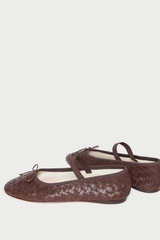 Loeffler Randall Leonie Woven Ballet Flat in espresso brown woven leather with an elastic bridge strap and bow detail.