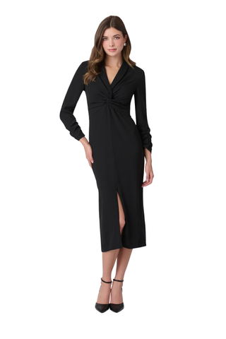 Shoshanna Corey Dress in Jet featuring a draped V-neckline, ruched three-quarter sleeves, fitted midi silhouette, and front slit.
