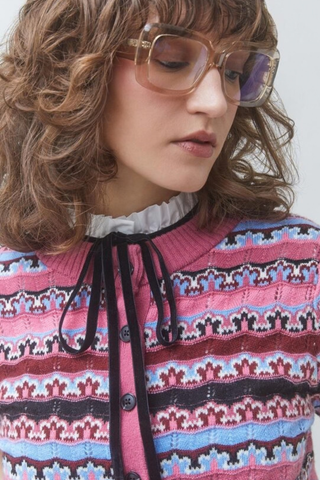 Suncoo Gamira Sweater in Rouge featuring a multicolor patterned knit, short sleeves, crew neckline, and button-front cropped silhouette.