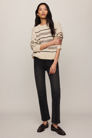 Z Supply Cirrus Stripe Sweater in Chalk featuring neutral horizontal stripes, a crew neckline, long sleeves, and a relaxed lightweight knit silhouette.