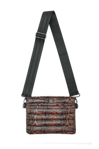 Think Royln Bum Bag 2.0 in brown Neo Python print with quilted texture and adjustable black strap.