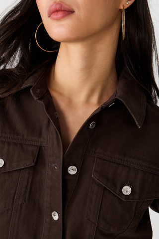 Steve Madden Dove Jacket in Espresso, a cropped dark brown denim jacket with a button front, collar, and chest pockets.