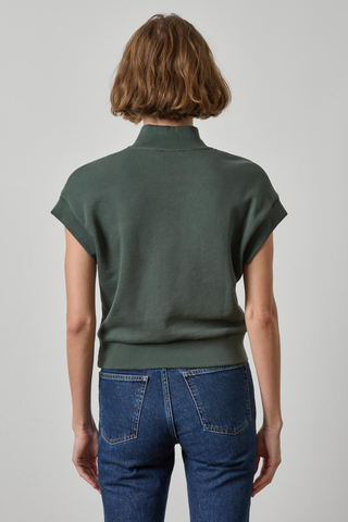 Lilla P Zip Mock Neck Top in Mineral green featuring a ribbed mock neckline, half-zip front, and short-sleeve French terry silhouette.