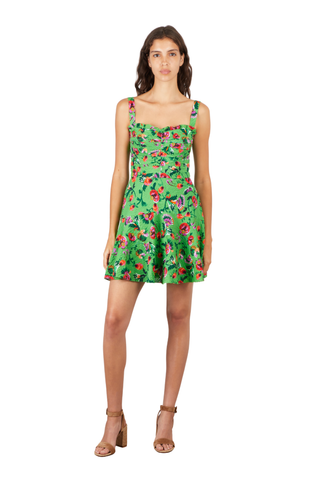 Green floral SALONI mini dress with ruched bodice and flared skirt