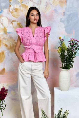 Love the Label Madelyn Top Rosebloom pink cotton poplin blouse with lace detail, flutter sleeves, and tie waist