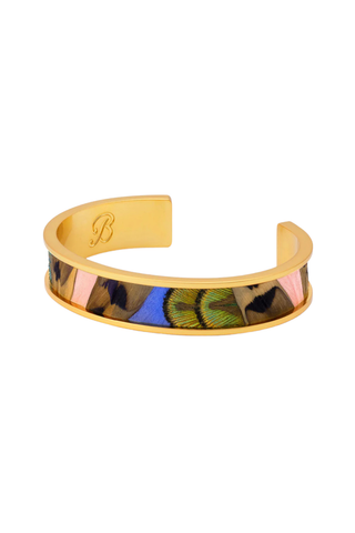 Brackish Shannon Thin Cuff bracelet with handcrafted feather detailing, gold peacock accents, and 24k gold plated finish