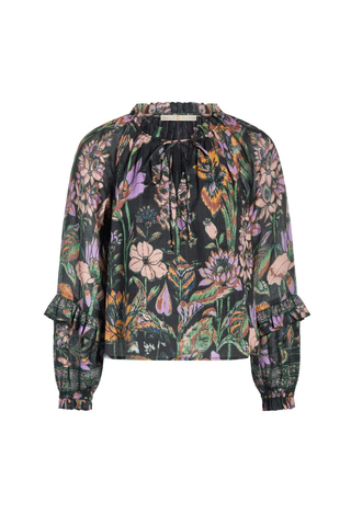 Marie Oliver Umika Top in Nightshade featuring a dark floral print, V-neckline, ruffle details, and long fluid sleeves.
