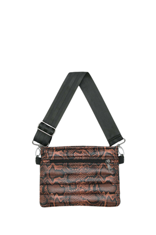 Think Royln Bum Bag 2.0 in brown Neo Python print with quilted texture and adjustable black strap.