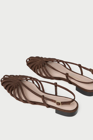 Loeffler Randall Devon Lattice Slingback Sandal in chocolate moiré featuring a latticed strap design and adjustable slingback closure