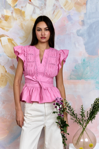 Love the Label Madelyn Top Rosebloom pink cotton poplin blouse with lace detail, flutter sleeves, and tie waist