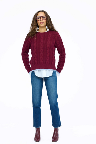 Kerri Rosenthal Maxwork Cable Pullover Sweater in burgundy featuring cable knit texture, contrast tipping, and heart elbow patches.