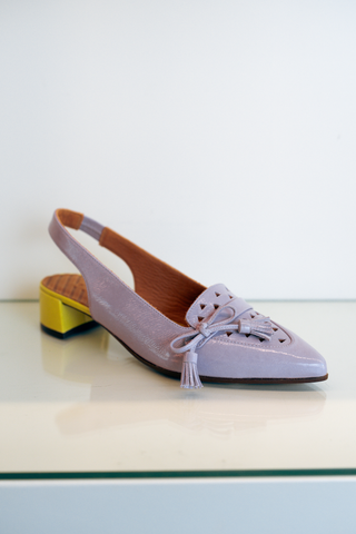 Chie Mihara Haka loafer in lavender and lemon with pointed toe and low heel