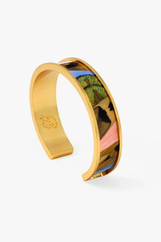 Brackish Shannon Thin Cuff bracelet with handcrafted feather detailing, gold peacock accents, and 24k gold plated finish