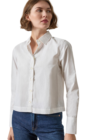 Lilla P Straight Fit Short Button Down in White featuring crisp cotton poplin, a classic collar, and modern straight silhouette.