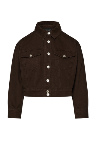 Steve Madden Dove Jacket in Espresso, a cropped dark brown denim jacket with a button front, collar, and chest pockets.