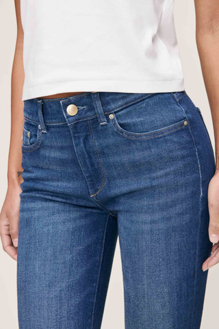 DL1961 Mara Straight Ankle Jean in Santa Monica featuring a mid-rise fit, ankle-length straight leg, and bright mid-indigo wash with subtle fading.
