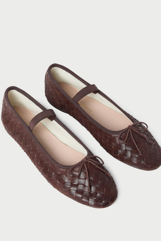 Loeffler Randall Leonie Woven Ballet Flat in espresso brown woven leather with an elastic bridge strap and bow detail.