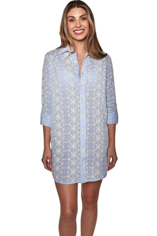 Girlfriend Mini Dress, Blue/Cream Embroidery
