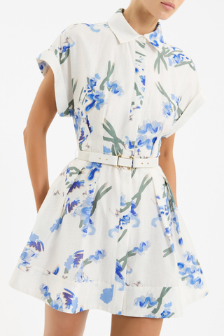 Rebecca Vallance Bluebell Meadow Mini Dress in blue floral print with belted waist, stand collar, and flared mini skirt