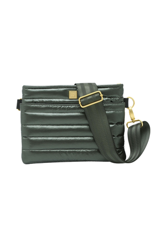 Think Royln Bum Bag 2.0 in pearl olive green with quilted detailing and adjustable black strap.