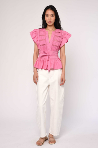 Love the Label Madelyn Top Rosebloom pink cotton poplin blouse with lace detail, flutter sleeves, and tie waist