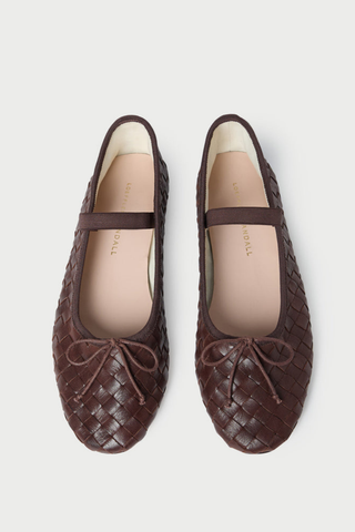 Loeffler Randall Leonie Woven Ballet Flat in espresso brown woven leather with an elastic bridge strap and bow detail.