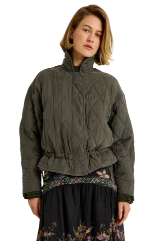 Marie Oliver Haisley Jacket in Army featuring olive green quilted fabric, funnel neckline, front pockets, and adjustable waist.
