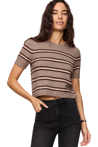 Z Supply Gatewood Stripe Sweater in Heather Ash featuring a lightweight striped knit and short sleeves.