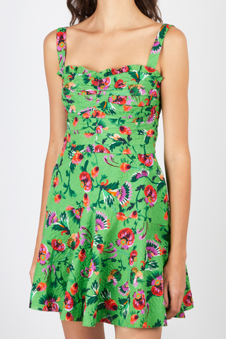 Green floral SALONI mini dress with ruched bodice and flared skirt