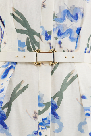 Rebecca Vallance Bluebell Meadow Mini Dress in blue floral print with belted waist, stand collar, and flared mini skirt