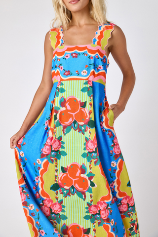 Crosby Evie Dress The Grove multicolor floral midi dress with wide straps and scalloped trim