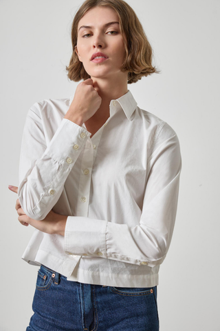 Lilla P Straight Fit Short Button Down in White featuring crisp cotton poplin, a classic collar, and modern straight silhouette.