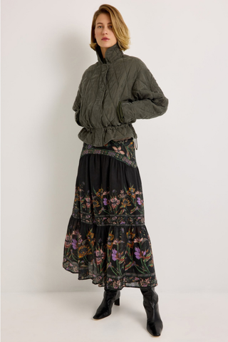 Marie Oliver Haisley Jacket in Army featuring olive green quilted fabric, funnel neckline, front pockets, and adjustable waist.