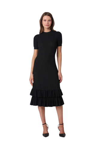 Shoshanna Savannah Dress in Jet featuring a black pointelle knit, short puff sleeves, fit-and-flare silhouette, and tiered ruffle midi hem.