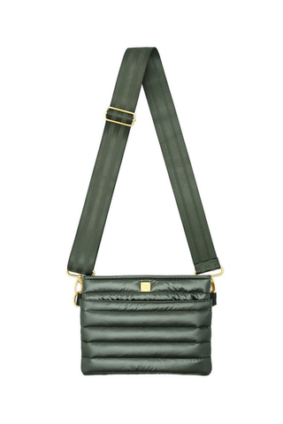 Think Royln Bum Bag 2.0 in pearl olive green with quilted detailing and adjustable black strap.