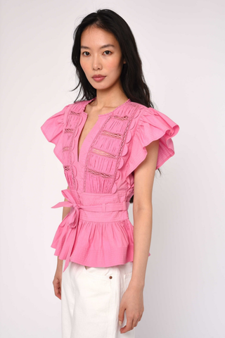 Love the Label Madelyn Top Rosebloom pink cotton poplin blouse with lace detail, flutter sleeves, and tie waist